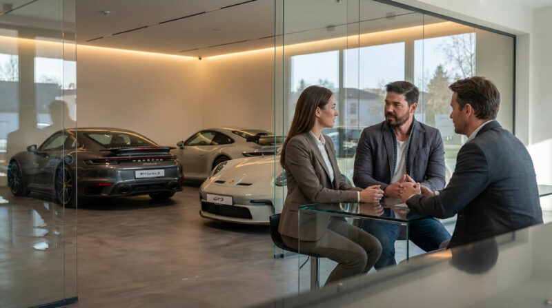 Beratungsgespräch in einem modernen Sportwagen Autohaus mit individueller Webdesign-Strategie für Autohäuser