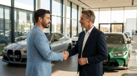 Vertrauensvolle Zusammenarbeit zwischen Autohaus-Geschäftsführung und Webdesign-Agentur in einem Autohaus