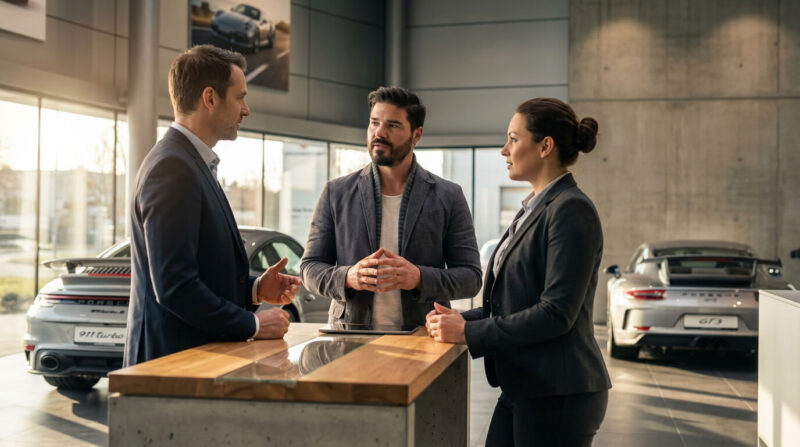 Beratungsgespräch in einem modernen Sportwagen Autohaus mit individueller Webdesign-Strategie für Autohäuser